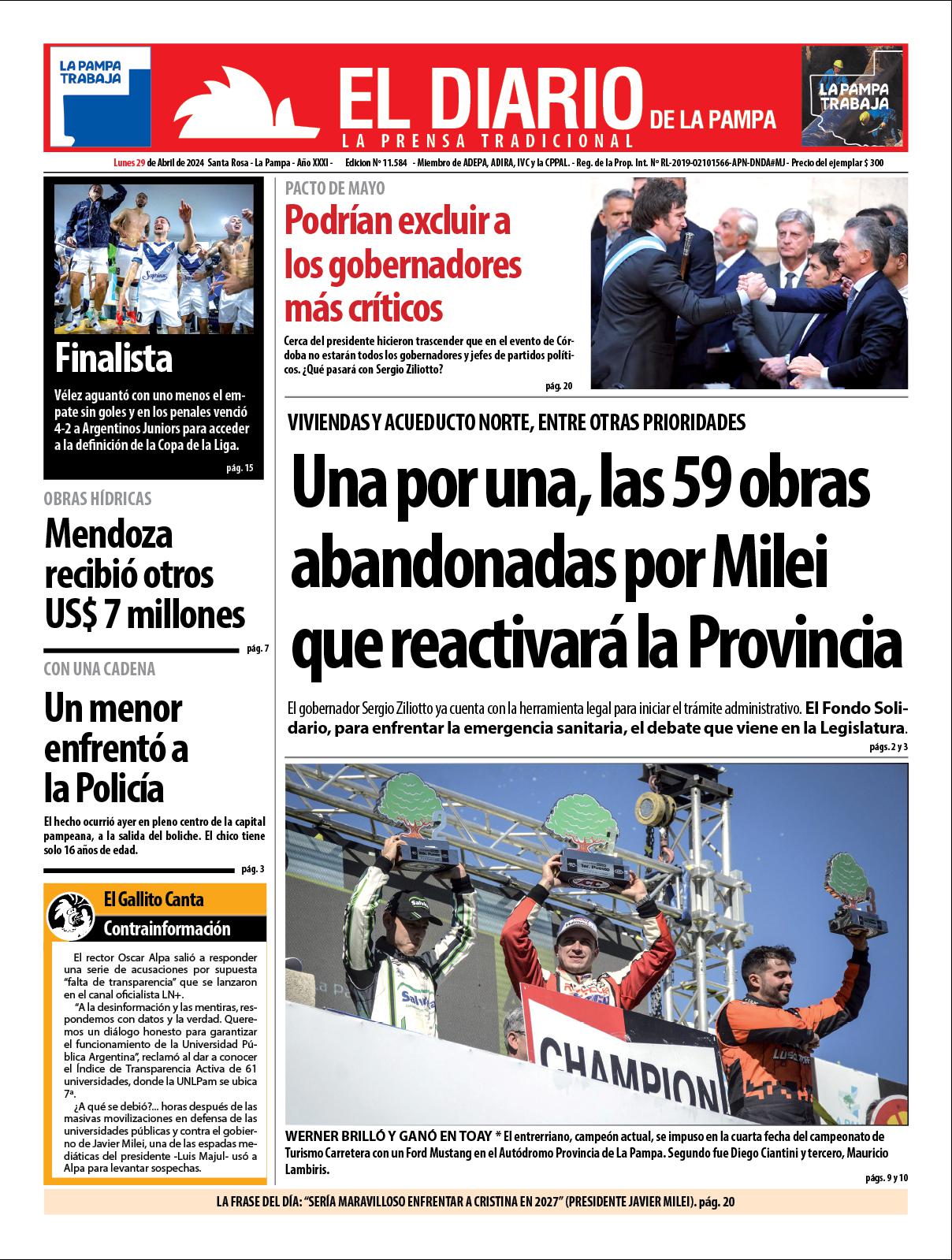 Tapa de El Diario en papel  lunes 29 de abril de 2024
